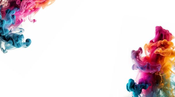 Abstrakter farbenfroher Rauch isoliert auf weißem Hintergrund mit Kopierraum, magischer, regenbogenfarbener Tropfen unter Wasser. Farbe Textur bunt Design Raum für Text - Foto, Bild