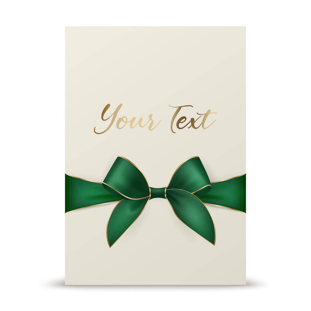 Vector 3d Realistic Green Gift Ribbon and Bow with White Greeting Card Background. Bow Design Template, Concept for Birthday, Christmas Presents, Gifts, Invitation, Card, Gift Box. Holiday Decoration. - ベクター画像