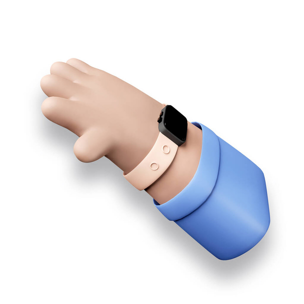 mão em uma camisa azul com um relógio inteligente em um fundo branco, desenho animado ilustração 3d. - Foto, Imagem