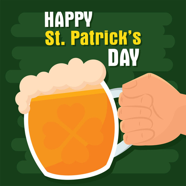 Hand holding a mug with beer Saint patrick day poster Vector illustration - Vector, Imagen