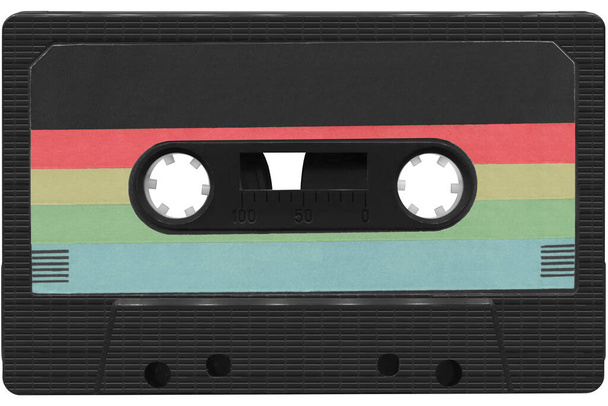 Renkli etiketli siyah ses kaseti. Beyaz arkaplanda yüksek çözünürlük izole edildi - Fotoğraf, Görsel