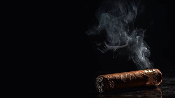 queimando charuto marrom com fumaça no fundo preto com espaço de cópia, charutos cubanos, espaço robusto para texto - Foto, Imagem