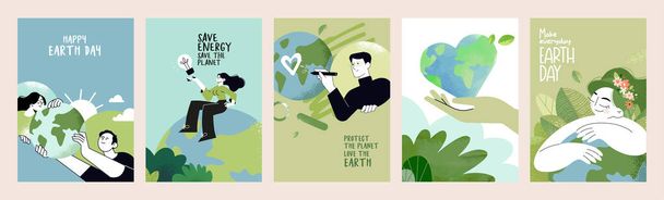 Set poster della Giornata della Terra. Illustrazioni vettoriali per grafica e web design, presentazione aziendale, marketing e stampa. - Vettoriali, immagini