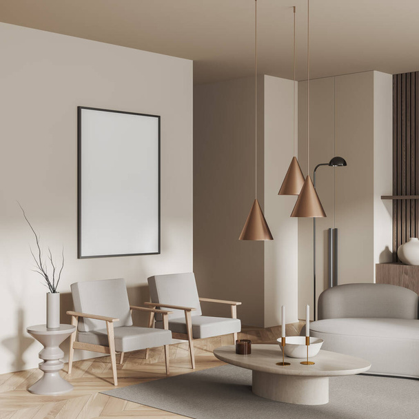 Corner of modern living room with white walls, wooden floor, comfortable white armchairs and sofa and vertical mock up poster. 3d rendering - Foto, Bild