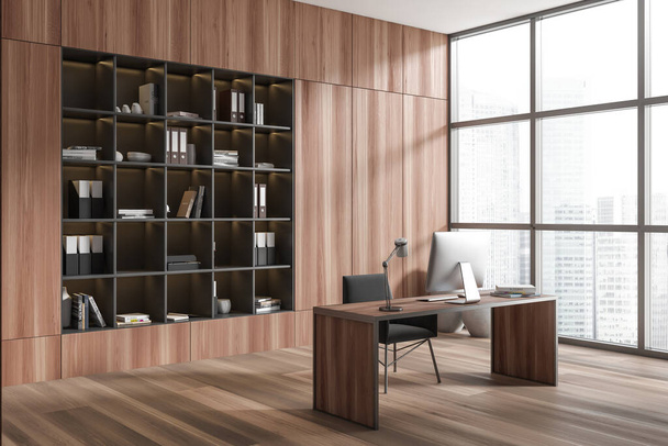 Business room interior with pc computer on work desk, side view, cabinet with business documents and panoramic window on city view, hardwood floor. 3D rendering - Foto, Imagen