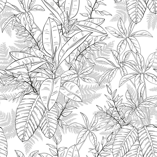 Ficus, Palmblätter und tropische Pflanzen nahtlose Muster, tropisches Laub, Zweige, Grün. Vektorillustration. Schwarz-Weiß - Vektor, Bild