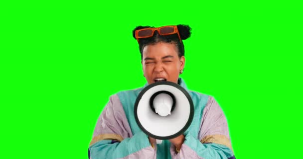 Green screen face, megaphone and angry woman shout for human rights protest, government transformation and justice. Gender equality voice, chroma key speech and portrait person on studio background. - Footage, Video