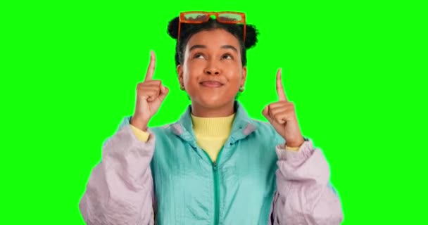 Green screen face, happy woman or pointing up at studio information, retro fashion mock up or discount promotion offer. Excited announcement, chroma key portrait and gen z female on mockup background. - Footage, Video