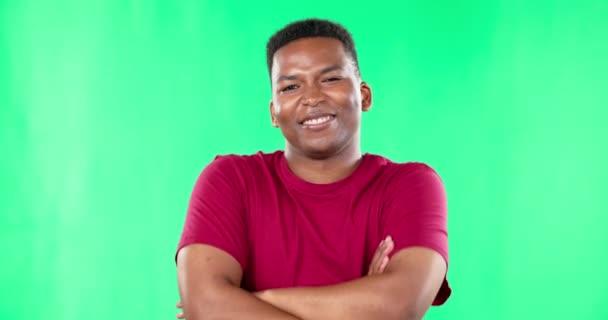 Face, green screen and black man with smile, arms crossed and cheerful against studio background. Portrait, happy male model and cool person with casual fashion, happiness and confidence for profile. - Footage, Video