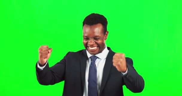 Groen scherm, corporate man en vuist van de winnaar, succes en motivatie van gelukkige winst. Opgewonden, proost en zwarte man in de viering van zakelijke deal, verkoop prestatie en vieren bonus promotie. - Video