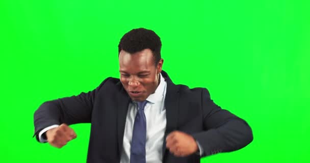 Green screen, business man and fist of winner, success and motivation of happy profit. Excited, yes and black male in celebration of professional deal, sales achievement and celebrate bonus promotion. - Footage, Video