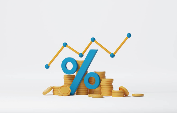 Percentage icon on stack of coins on white background. Rising interest rate symbol financial growth from investments. 3d render ilutration. - Photo, Image