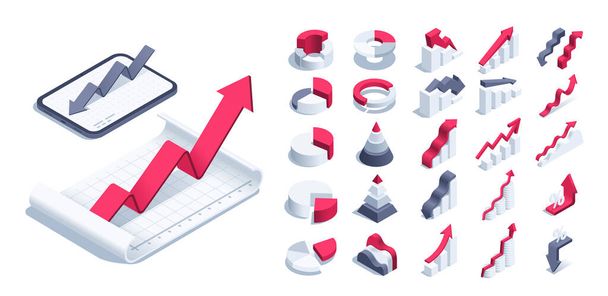 isometric vector illustration on a white background, a set of charts and arrows with a sheet of paper and a tablet, infographics for design and display of statistical data - Vektor, Bild