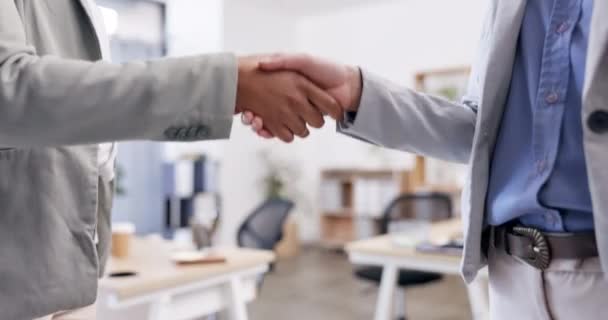 Closeup, recruitment or business people with a handshake in job interview for negotiations in office meeting. Partnership, b2b collaboration or corporate women shaking hands in hr contract agreement. - Footage, Video