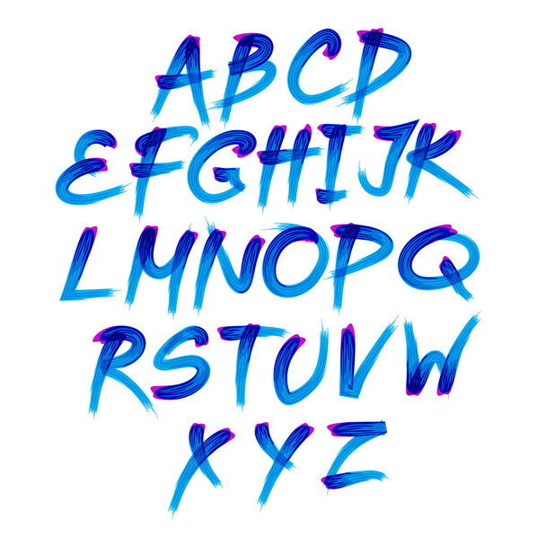Handwritten blue watercolor alphabet with numbers symbols. Vector - Vector, afbeelding