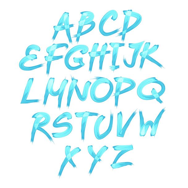 Handwritten blue watercolor alphabet with numbers symbols. Vector - Vector, afbeelding
