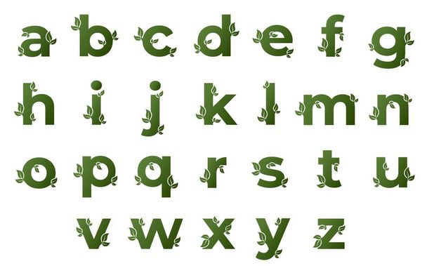 green lowercase letters with leaves. eco alphabet design. nature and environment vector design element. isolated vector images - Vektor, kép