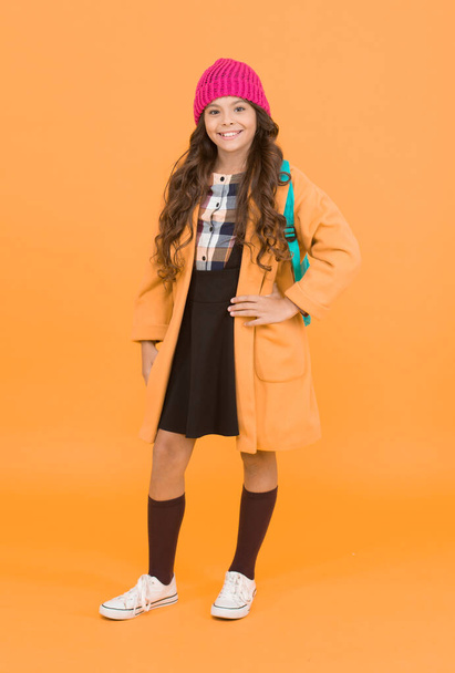 See you through school time in style. Happy small girl enjoy fashion style. Little child smile with autumn look. Smart style layer over school uniform. Elegant style. School wardrobe. Fashion trends. - Fotografie, Obrázek
