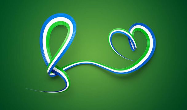 3d vlag van Sierra Leone Heart Shaped Shiny Wave Awareness Ribbon op groene achtergrond, 3d illustratie - Foto, afbeelding