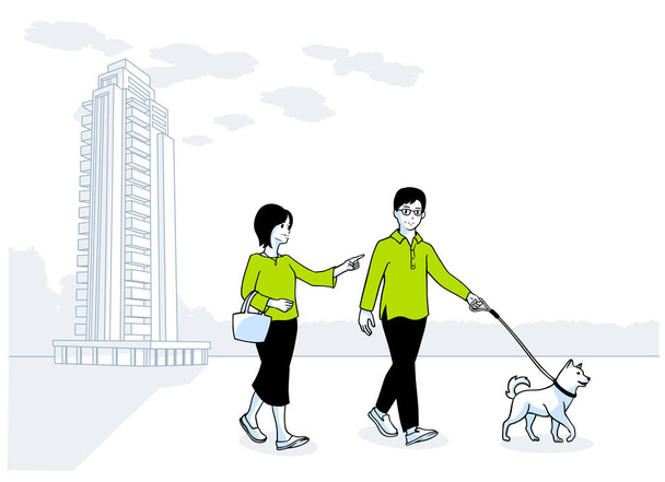 背景にあるタワーマンションで犬を散歩するシニア夫婦のイラスト。ベクトルイラスト住宅タワーアパートメンツ高層マンション. - ベクター画像