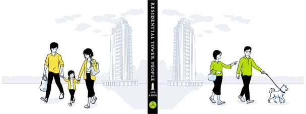 Senior couple and young couple with daughter walking their dog with a tower apartment in the background. Vector Illustration.Residential tower apartment.High rise apartment. - Vector, Image
