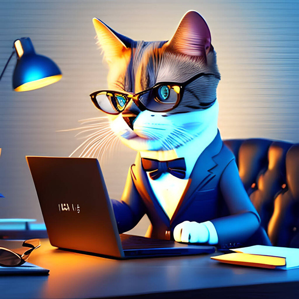 An adorable 3D cartoon cat, wearing glasses and a stylish suit, sits at a desk with a laptop, confidently managing business affairs. A perfect blend of cuteness and professionalism, this anthropomorphic cat is the epitome of a tech-savvy feline CEO. - Foto, Bild