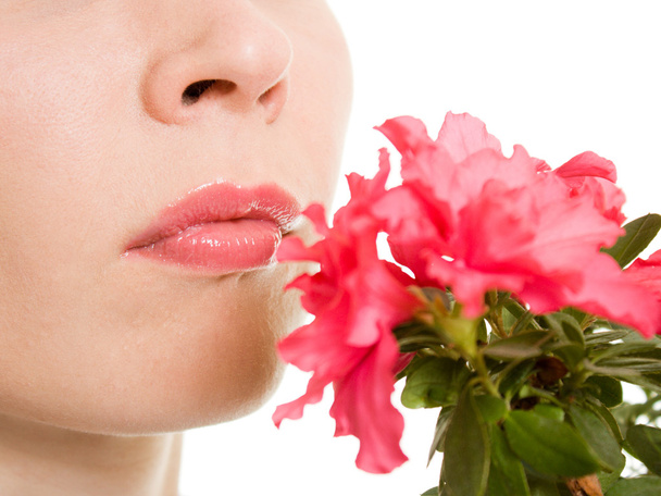 Girl smelling a flower on a white background. - Photo, Image