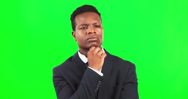 Business, serious man and thinking on green screen of ideas, remember questions and problem solving strategy. Black male model, worker and mindset of solution, planning decision and vision in studio. - Footage, Video