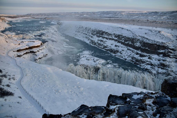 The Frozen Gullfoss Waterfalls on the Hvt river.  Gullfoss Falls, Iceland. December 8, 2017.  - Foto, immagini