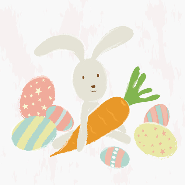 Conejo de Pascua con zanahoria y huevos decorados
. - Vector, imagen