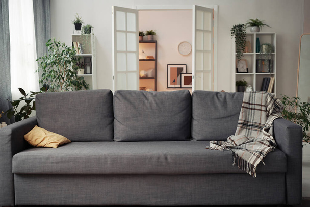 Οριζόντια εικόνα του άνετο μεγάλο καναπέ στέκεται στο σαλόνι στο διαμέρισμα - Φωτογραφία, εικόνα