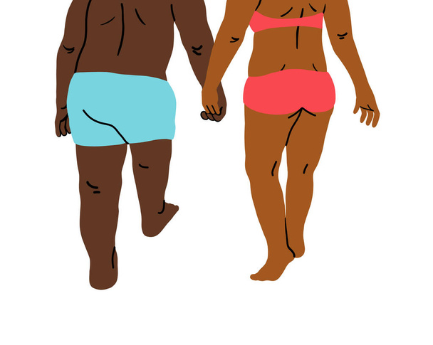 Dos jóvenes negros africanos en traje de baño caminando tomados de la mano. Amor vacaciones románticas en el concepto de vacaciones de verano. Ilustración. - Foto, Imagen