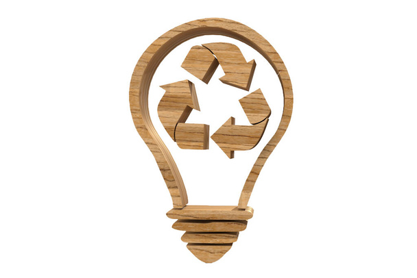 Bombilla de madera con el signo de flecha de reciclaje sobre fondo blanco - Foto, imagen