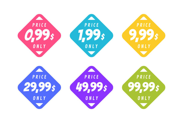 Set discount label. Sale 0.99 1.99 9.99 29.99 49,99 and 99,99 dollars only offer badge. Banner template for business, shops, advertising , discount, sale. Modern flat style vector illustration. - Vettoriali, immagini