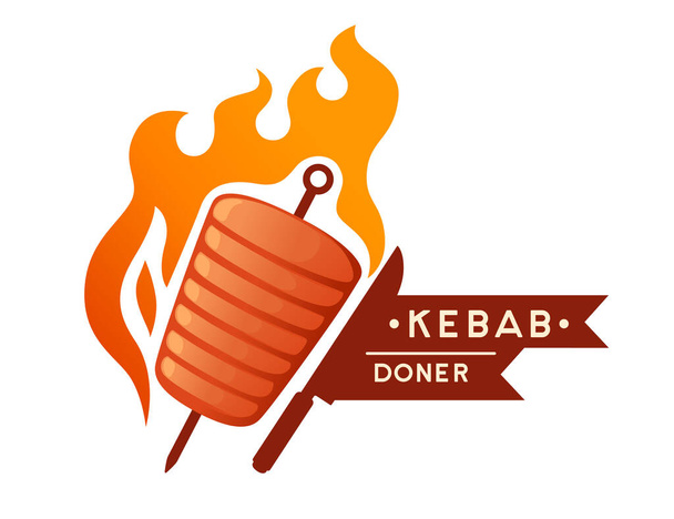 Carne de parrilla de Kebab con pincho y diseño de logotipo de fuego ilustración vectorial sobre fondo blanco. - Vector, Imagen