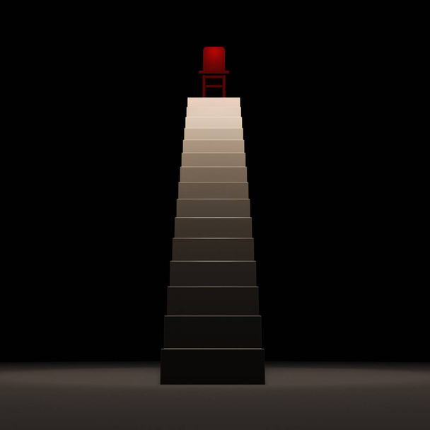 Yüksek bir merdivenin tepesinde bir sandalye var. Otorite ve güç. Soyut yalnızlık ve şüphe kavramı. Karanlık uzay. 3B görüntüleme. - Fotoğraf, Görsel
