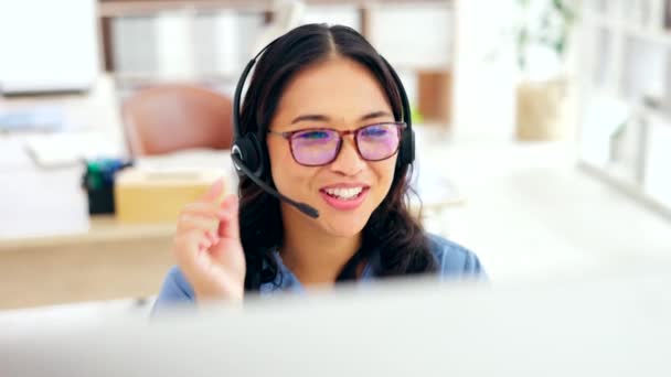 Call center, computer and happy woman, agent or consultant technical support, online solution or help desk. International virtual assistant or friendly asian person consulting and talking on desktop. - Footage, Video
