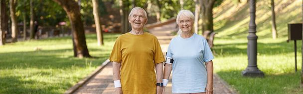 Cute senior family couple holds hands standing on road in green park on summer day. Active lifestyle and healthcare - Photo, Image