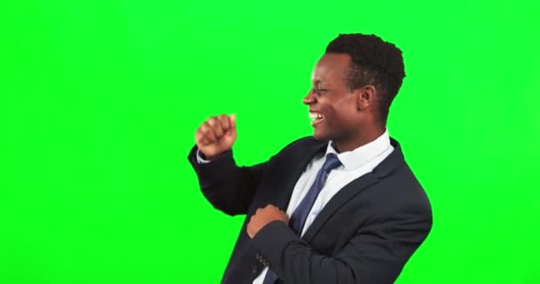 Green screen, dance and happy business man celebrating success, winner or motivation in studio. Portrait of professional black male dancing in achievement, celebration or winner of bonus trading deal. - Footage, Video