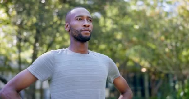 Black man, runner and breathing in park for workout, looking around and peace in nature for mindset. Male, tired and fatigue by trees for exercise, training or relax for wellness, fitness and running. - Video, Çekim