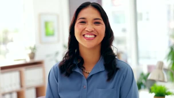 Business woman, face smile and office with happiness from job ready for working. Happy, success and female portrait of a person and employee feeling proud and confident from corporate writing career. - Footage, Video