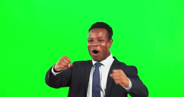 Green screen, screaming business man and cheering with fist, success and motivation of winner. Excited, shout and happy black male in celebration of professional deal, achievement and bonus promotion. - Footage, Video