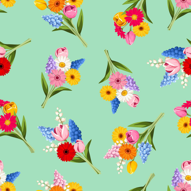 Seamless pattern with colorful spring flowers on a celadon background. Vector illustration - ベクター画像