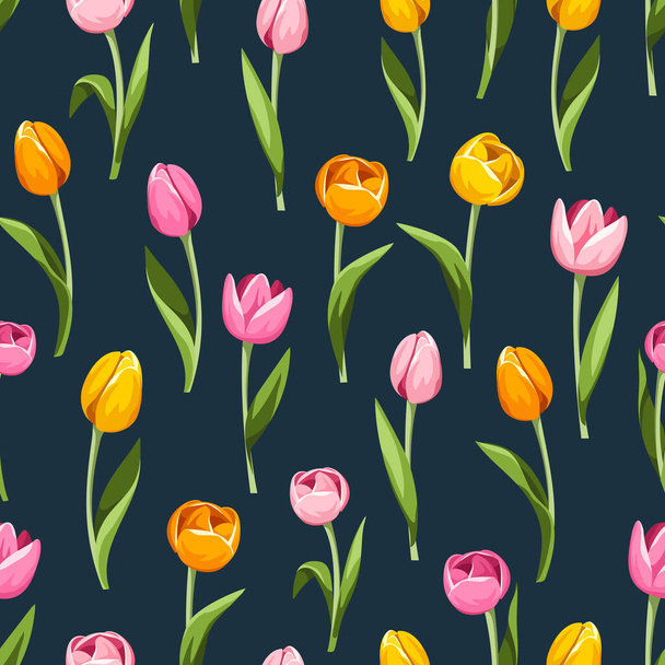Pink, orange, and yellow tulip flowers on a dark blue background. Vector seamless floral pattern - Vektor, Bild