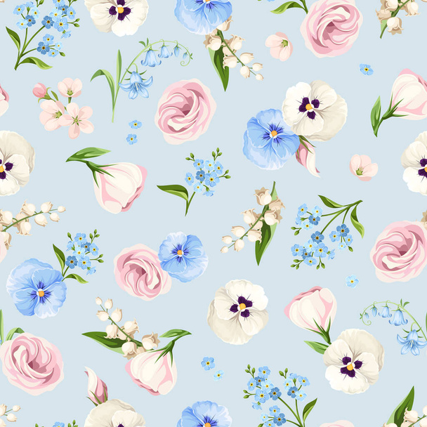 Seamless floral pattern with pink, white, and blue lisianthus flowers, pansy flowers, lily of the valley, and forget-me-not flowers on a blue background. Vector illustration - Vector, Imagen