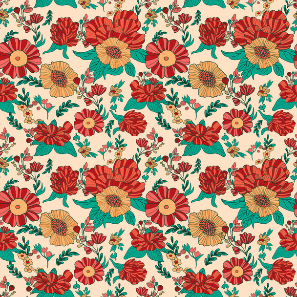 Summer Red and Yellow Floral Seamless Pattern. Vector illustration. Plant green flower life, leaves, abstract artistic design, pastel colorful repeatable seamless organic textile clothing pattern. - Vector, Image