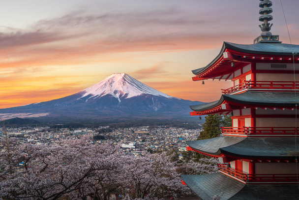 Red chureito pagoda with cherry blossom and Fujiyama mountain on the night and morning sunrise time in Tokyo city, Japan - Photo, Image