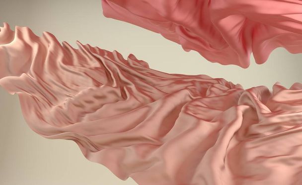 Tela de color melocotón tela que fluye en el viento, movimiento de vuelo de onda textil, 3d renderizado fondo abstracto de la moda - Foto, imagen