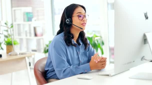 Customer support, computer and typing woman, agent or consultant call center, online solution or help desk. International virtual assistant or friendly asian person consulting and talking on desktop. - Footage, Video