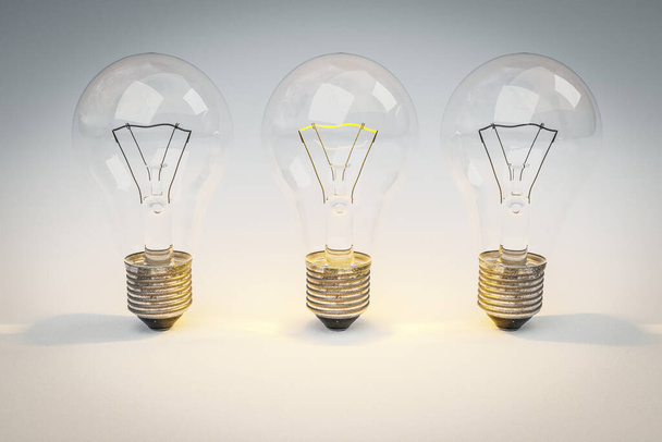 three retro style lightbulbs with glowing filament standing in a row on infinite background; creativity design concept; 3D Illustration - Foto, Imagem